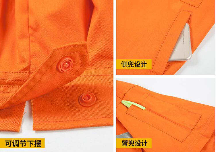 夏季環(huán)衛(wèi)工人橙色帶反光條工作服細(xì)節(jié)工藝圖